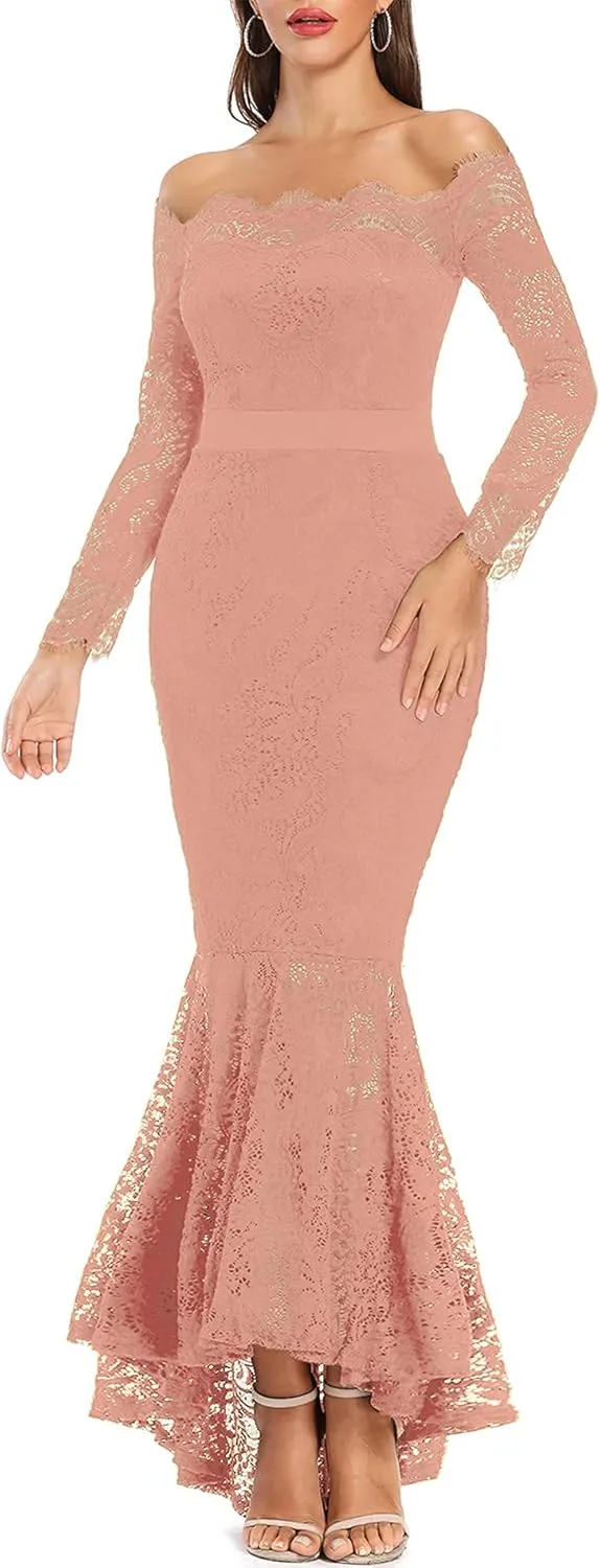 LALAGEN Women's Floral Lace Long Sleeve Off Shoulder Wedding Mermaid Dress