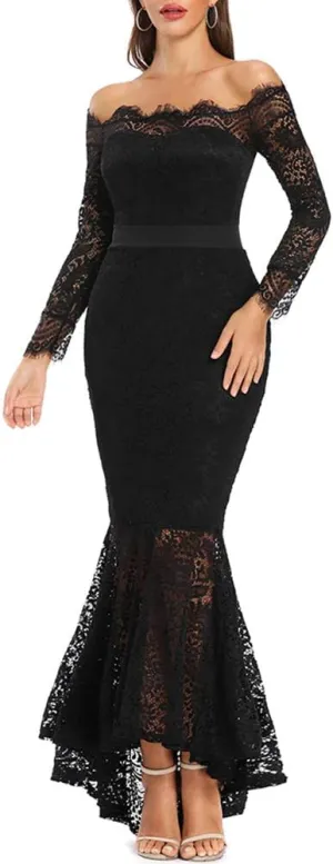 LALAGEN Women's Floral Lace Long Sleeve Off Shoulder Wedding Mermaid Dress