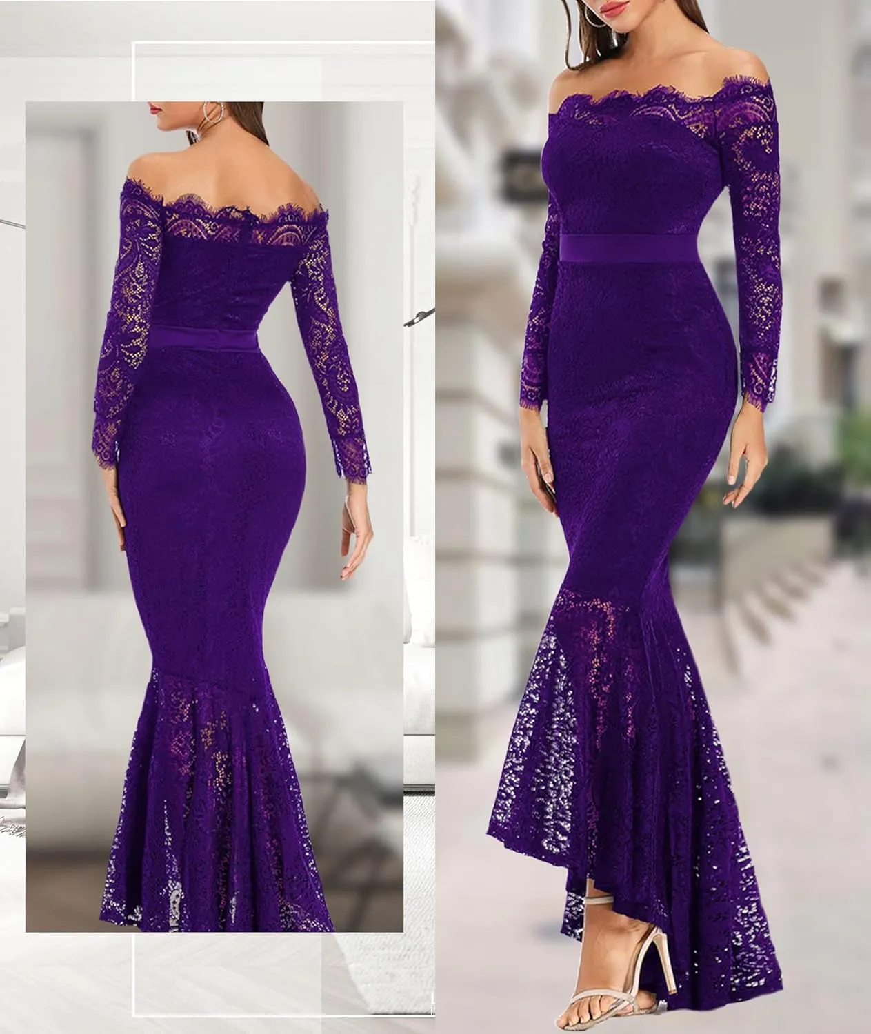 LALAGEN Women's Floral Lace Long Sleeve Off Shoulder Wedding Mermaid Dress