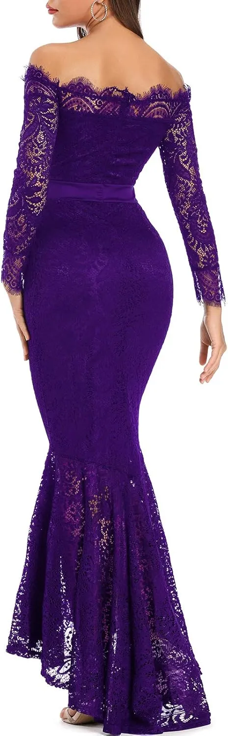 LALAGEN Women's Floral Lace Long Sleeve Off Shoulder Wedding Mermaid Dress
