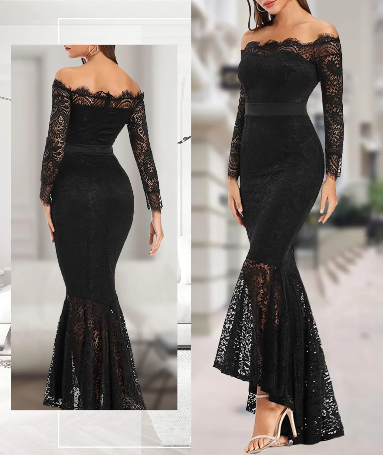 LALAGEN Women's Floral Lace Long Sleeve Off Shoulder Wedding Mermaid Dress