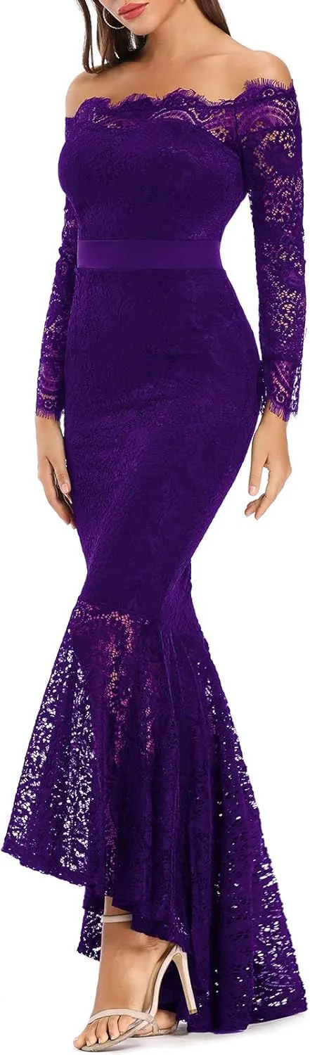 LALAGEN Women's Floral Lace Long Sleeve Off Shoulder Wedding Mermaid Dress