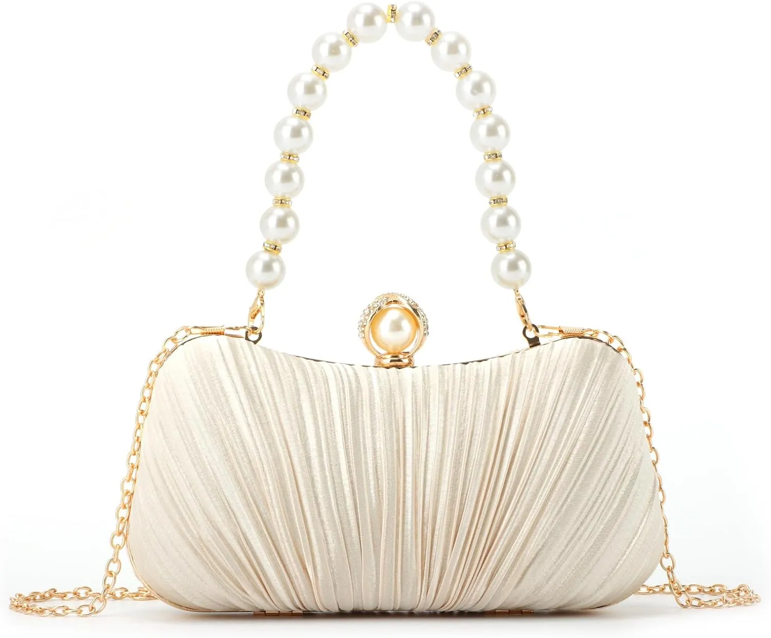 Lanpet Women’s Satin Clutch Purse Pleated Evening Bag for Bridal Wedding Party with Pearl Bead Strap