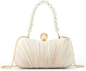 Lanpet Women’s Satin Clutch Purse Pleated Evening Bag for Bridal Wedding Party with Pearl Bead Strap