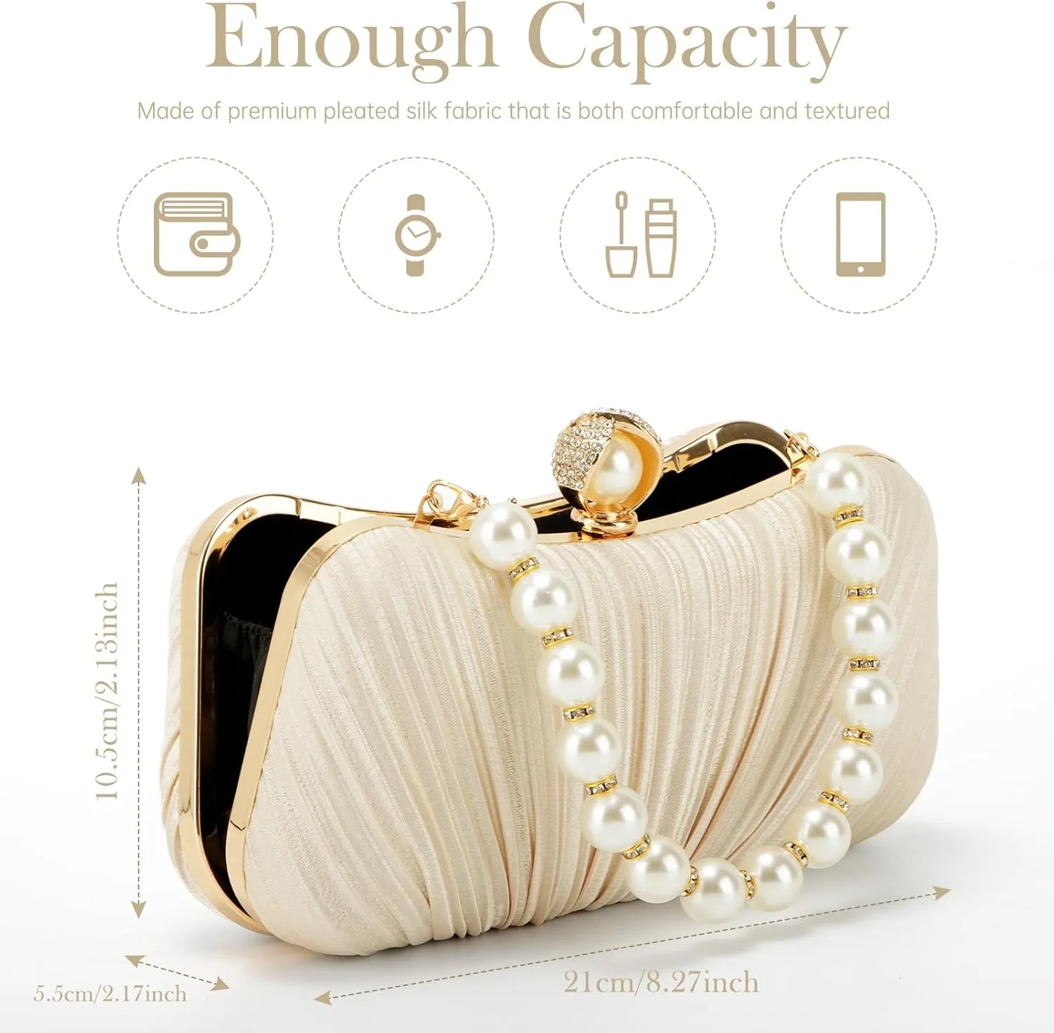 Lanpet Women’s Satin Clutch Purse Pleated Evening Bag for Bridal Wedding Party with Pearl Bead Strap