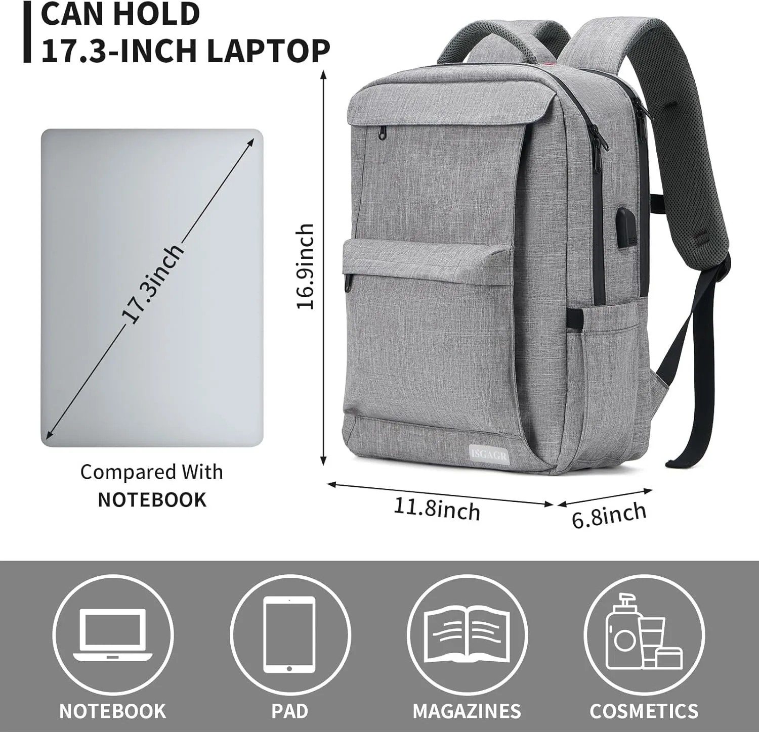 Laptop Backpack for Women Men,Work Commuter Travel Business Backpack with Laptop Compartment,College Computer Casual Daypack, Book Bags,17 Inch Gray