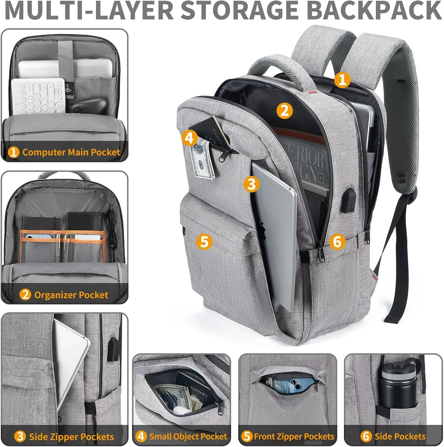 Laptop Backpack for Women Men,Work Commuter Travel Business Backpack with Laptop Compartment,College Computer Casual Daypack, Book Bags,17 Inch Gray