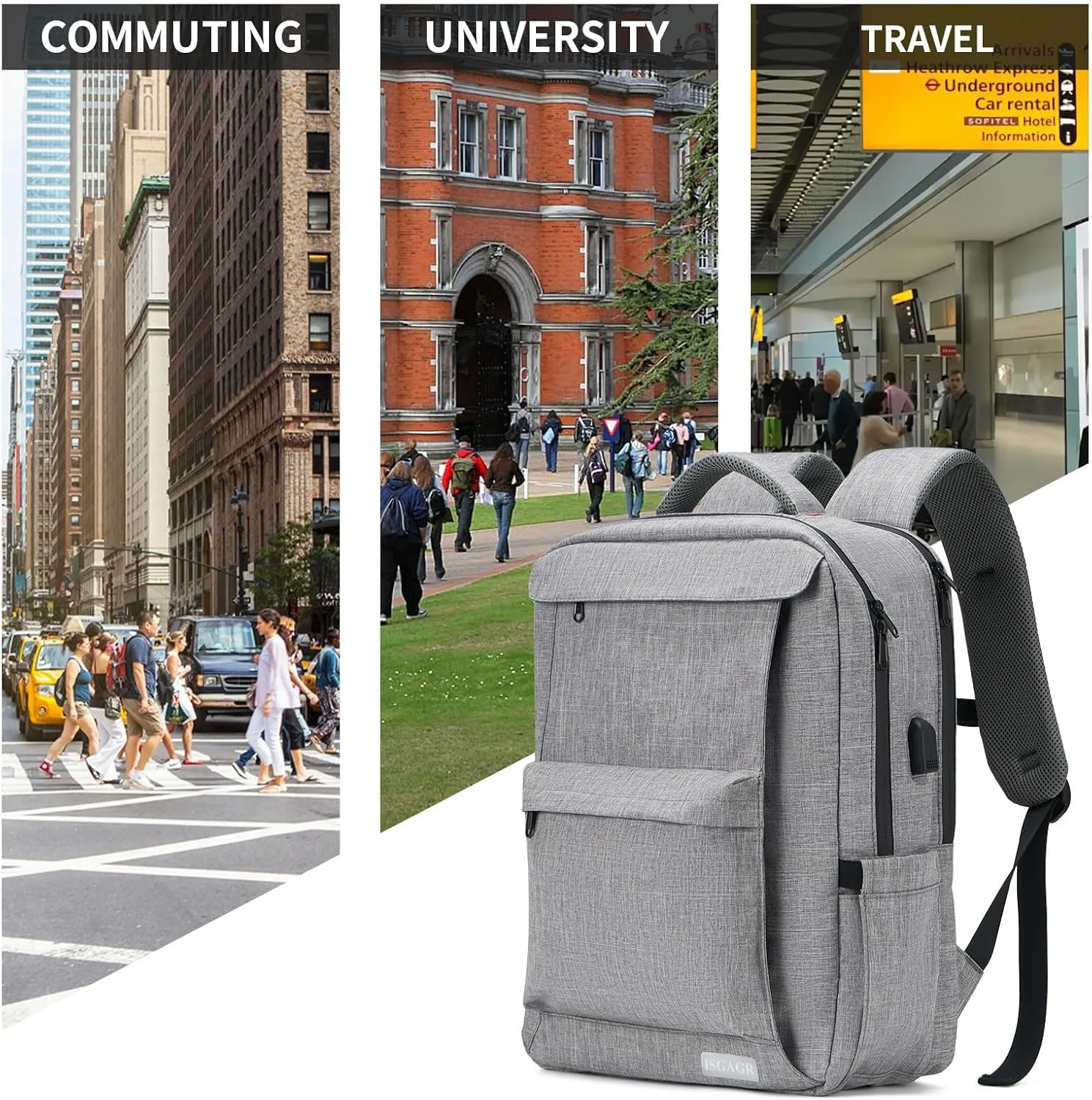 Laptop Backpack for Women Men,Work Commuter Travel Business Backpack with Laptop Compartment,College Computer Casual Daypack, Book Bags,17 Inch Gray