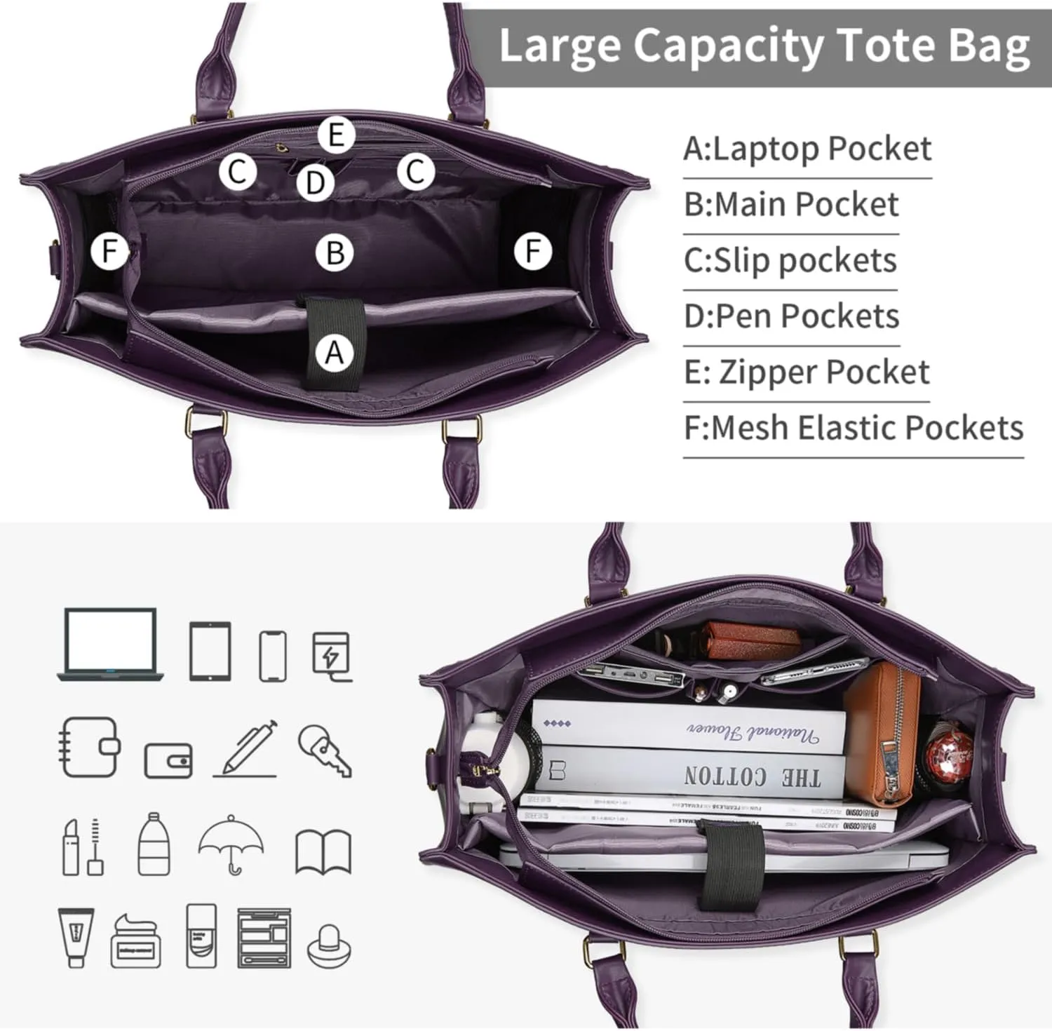 Laptop Bag for Women 15.6 Inch Laptop Tote Bag Waterproof Leather Computer Tote Bag Business Lightweight Office Briefcase Large Capacity Handbag Shoulder Bag Plum