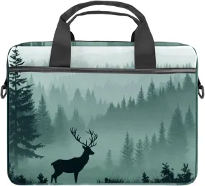 Laptop Shoulder Bag Silhouettes of Morning Forest Pine Trees Deer Padded Computer Briefcase for Adults, 13.4-14.5 Inch