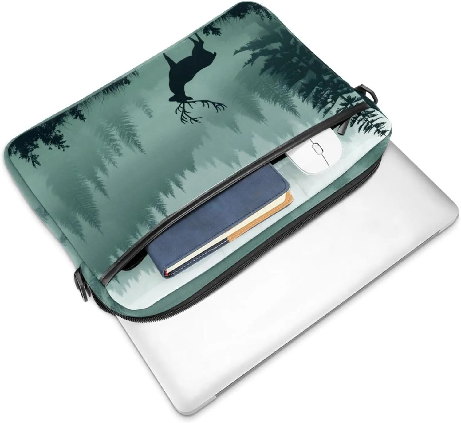 Laptop Shoulder Bag Silhouettes of Morning Forest Pine Trees Deer Padded Computer Briefcase for Adults, 13.4-14.5 Inch