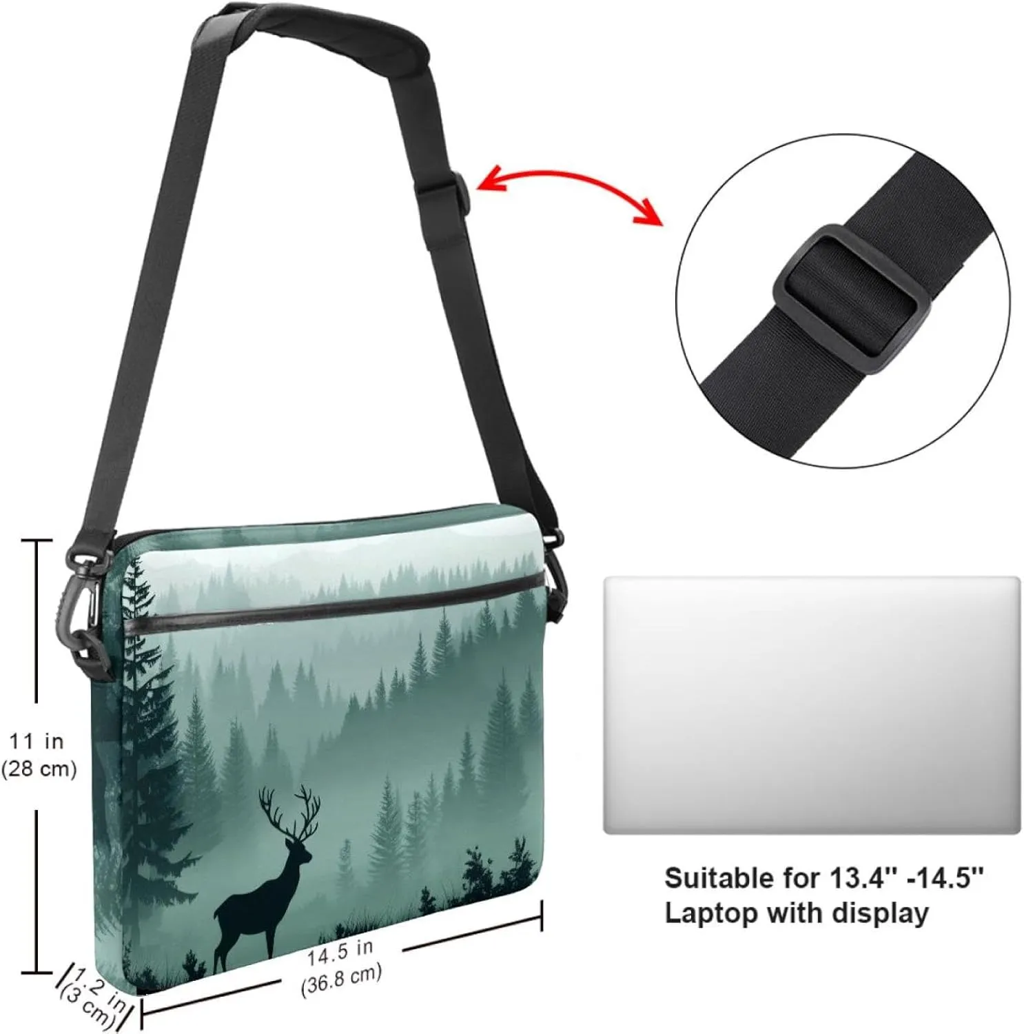 Laptop Shoulder Bag Silhouettes of Morning Forest Pine Trees Deer Padded Computer Briefcase for Adults, 13.4-14.5 Inch