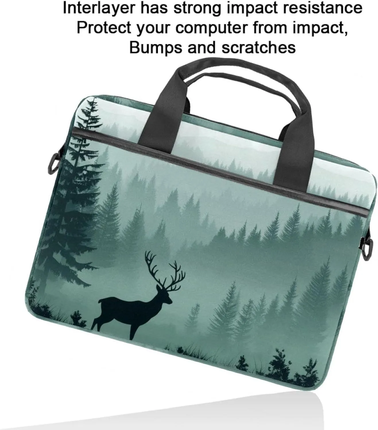 Laptop Shoulder Bag Silhouettes of Morning Forest Pine Trees Deer Padded Computer Briefcase for Adults, 13.4-14.5 Inch