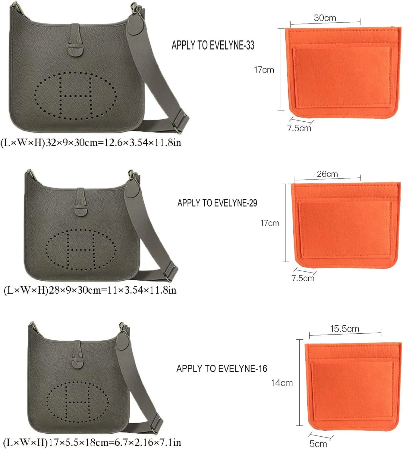Lckaey Felt Organizer-for Hermes Evelyne III tpm pm gm Bag Insert Mini 16 29 33 Bag Purse Organizer Y003 Orange-L