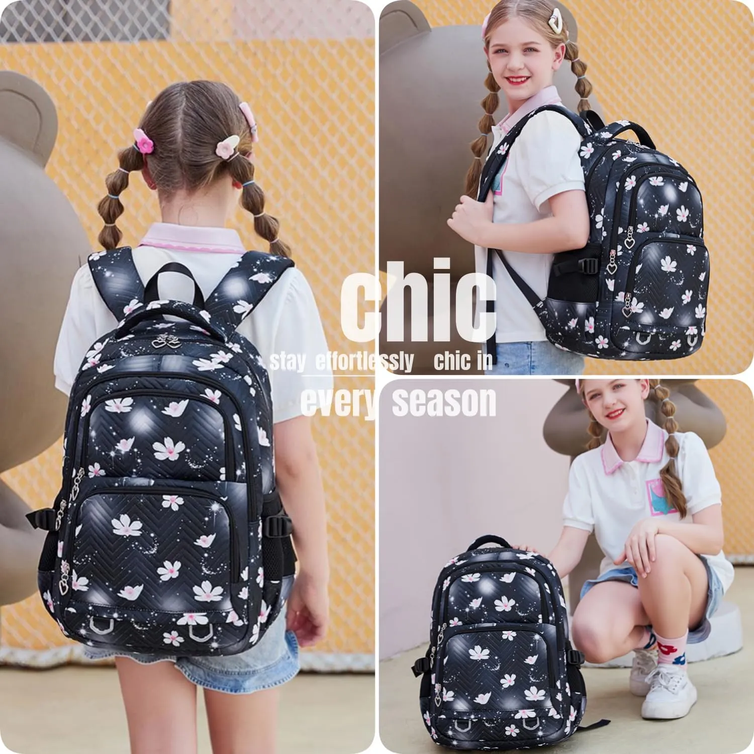 Leaper Stylish Floral Travel Backpack for Women Laptop Backpack Water-Resistant Bookbags College Bags Fits 15.6 Inch Laptop Black