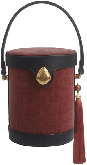 Leather Cowhide Bucket Bag Crossbody Bag for Women Fashion Cylinder Clutch Bag Tassel Handbag