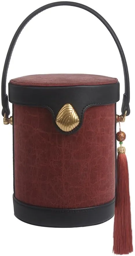 Leather Cowhide Bucket Bag Crossbody Bag for Women Fashion Cylinder Clutch Bag Tassel Handbag