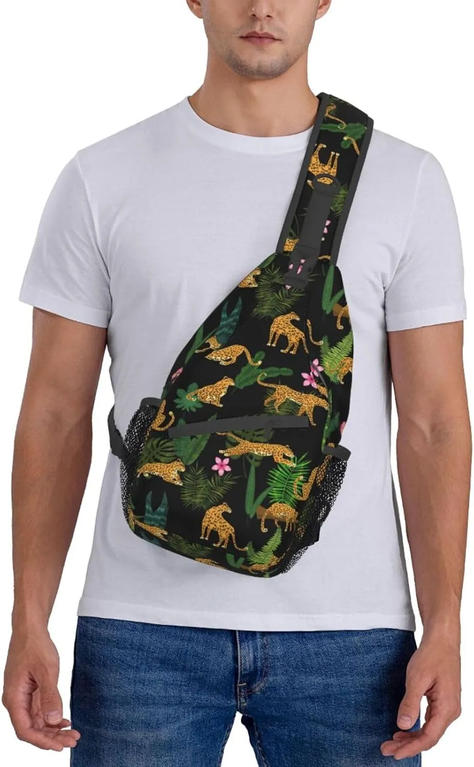 Leopards Tropical Plants Leaves Sling Bag for Men Women Crossbody Backpack Cycling Hiking Daypack Chest Shoulder Bag with Adjustable Strap