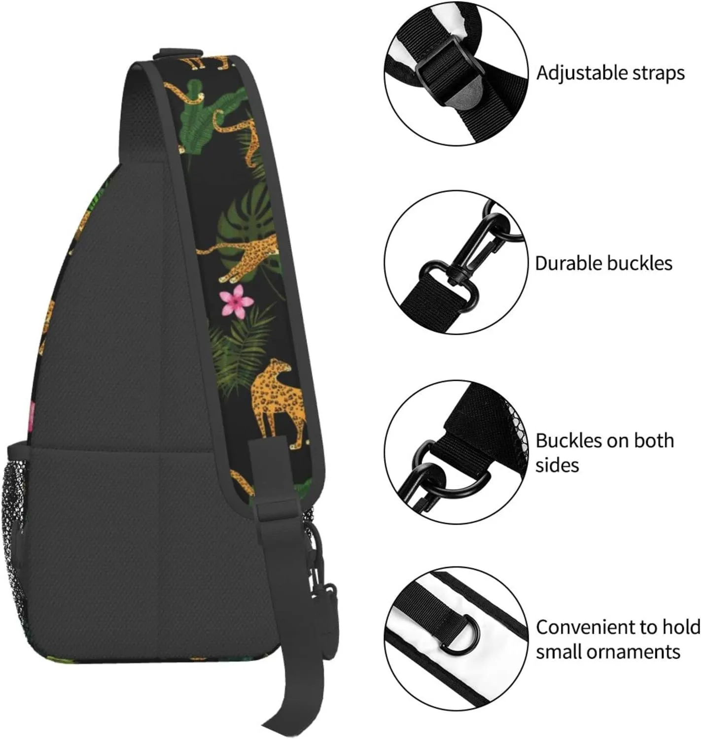 Leopards Tropical Plants Leaves Sling Bag for Men Women Crossbody Backpack Cycling Hiking Daypack Chest Shoulder Bag with Adjustable Strap