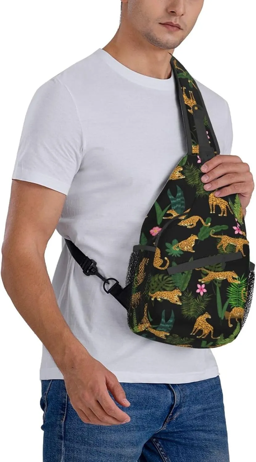 Leopards Tropical Plants Leaves Sling Bag for Men Women Crossbody Backpack Cycling Hiking Daypack Chest Shoulder Bag with Adjustable Strap