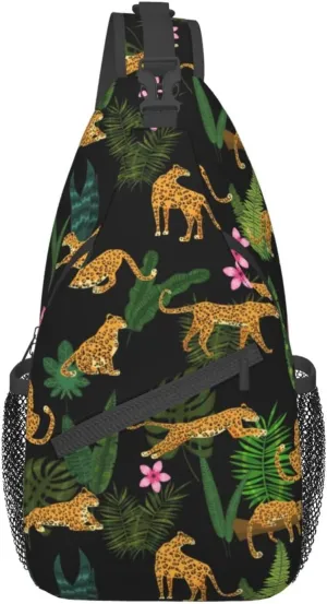 Leopards Tropical Plants Leaves Sling Bag for Men Women Crossbody Backpack Cycling Hiking Daypack Chest Shoulder Bag with Adjustable Strap