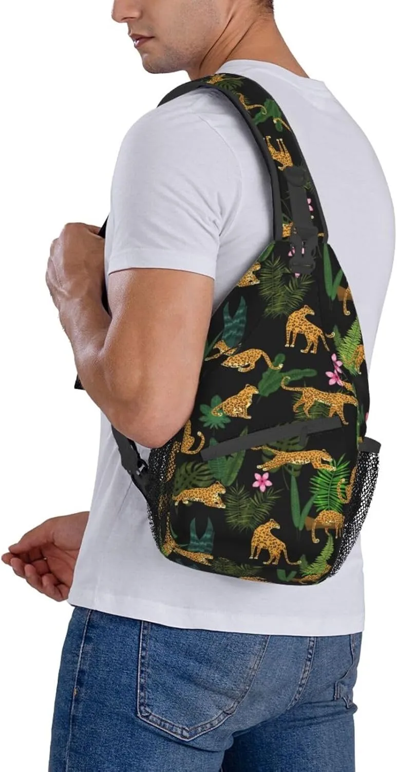 Leopards Tropical Plants Leaves Sling Bag for Men Women Crossbody Backpack Cycling Hiking Daypack Chest Shoulder Bag with Adjustable Strap