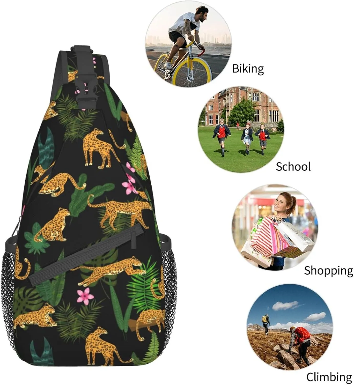 Leopards Tropical Plants Leaves Sling Bag for Men Women Crossbody Backpack Cycling Hiking Daypack Chest Shoulder Bag with Adjustable Strap