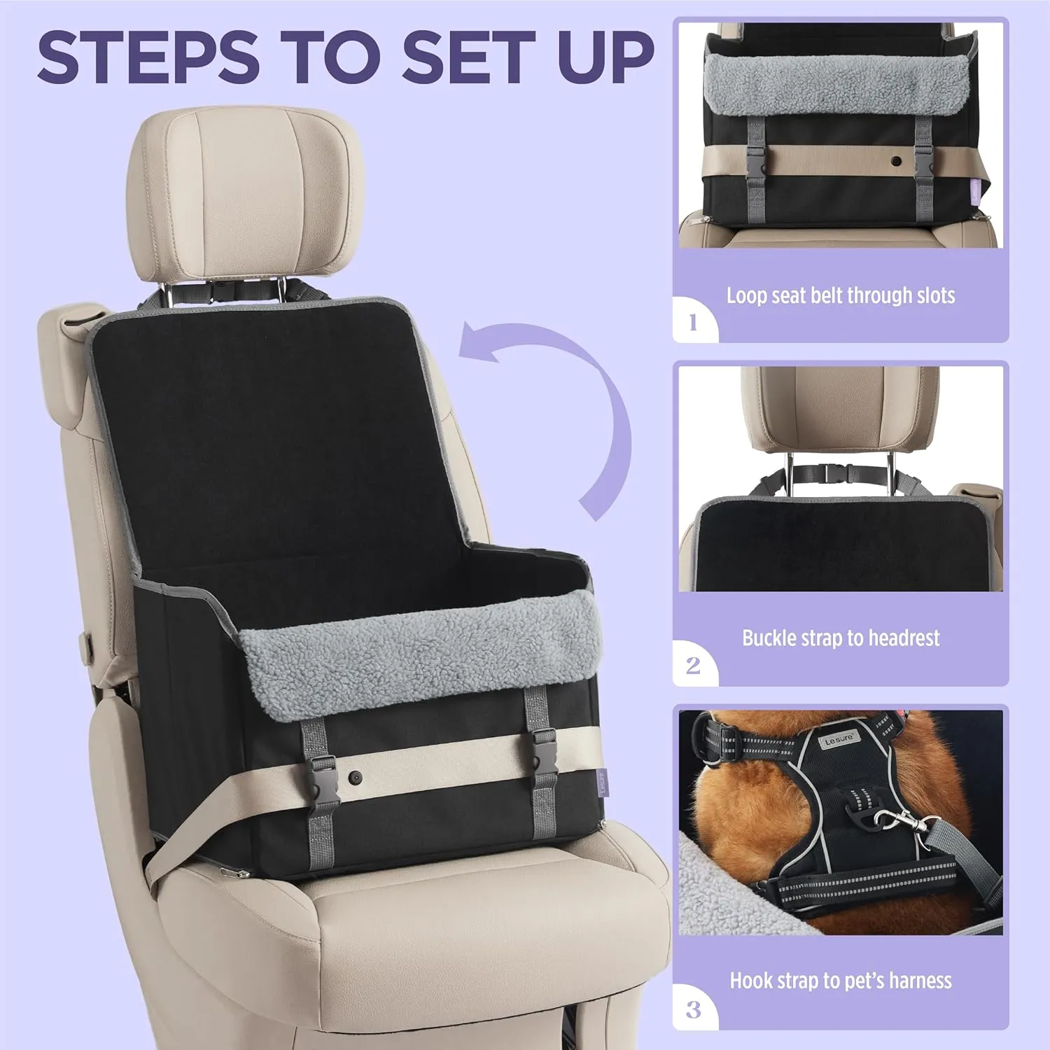Lesure Dog Car Seat for Small Dogs, Foldable Pet Car Seat with Clip-On Safety Leash, Waterproof Puppy Booster Seat for Small Pets Under 25lbs, Portable Doggie Carseat Travel Carrier Bed, Black