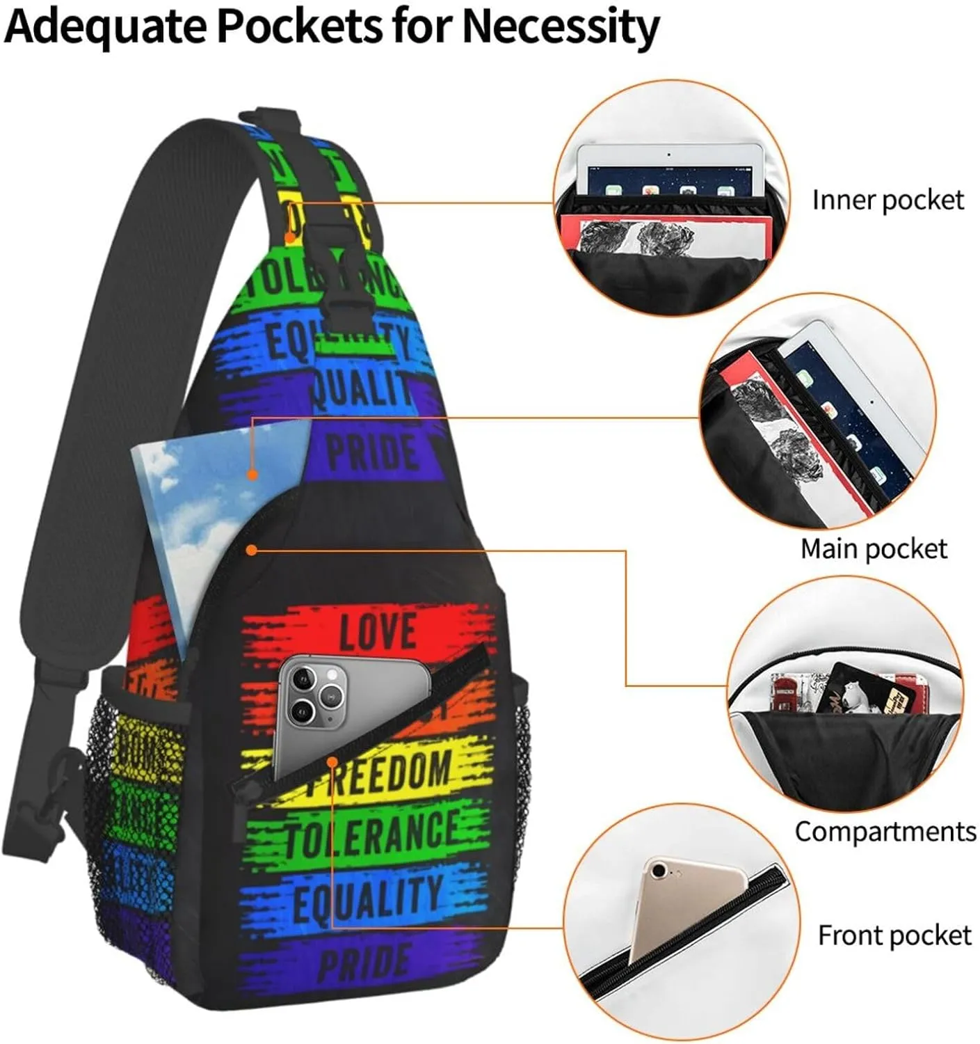 Lgbt Pride Rainbow Gay Love Respect Freedom Tolerance Equality Chest Sling Bag Crossbody Shoulder Backpack Bag Gym Cycling Daypack Travel Hiking Cross Bag