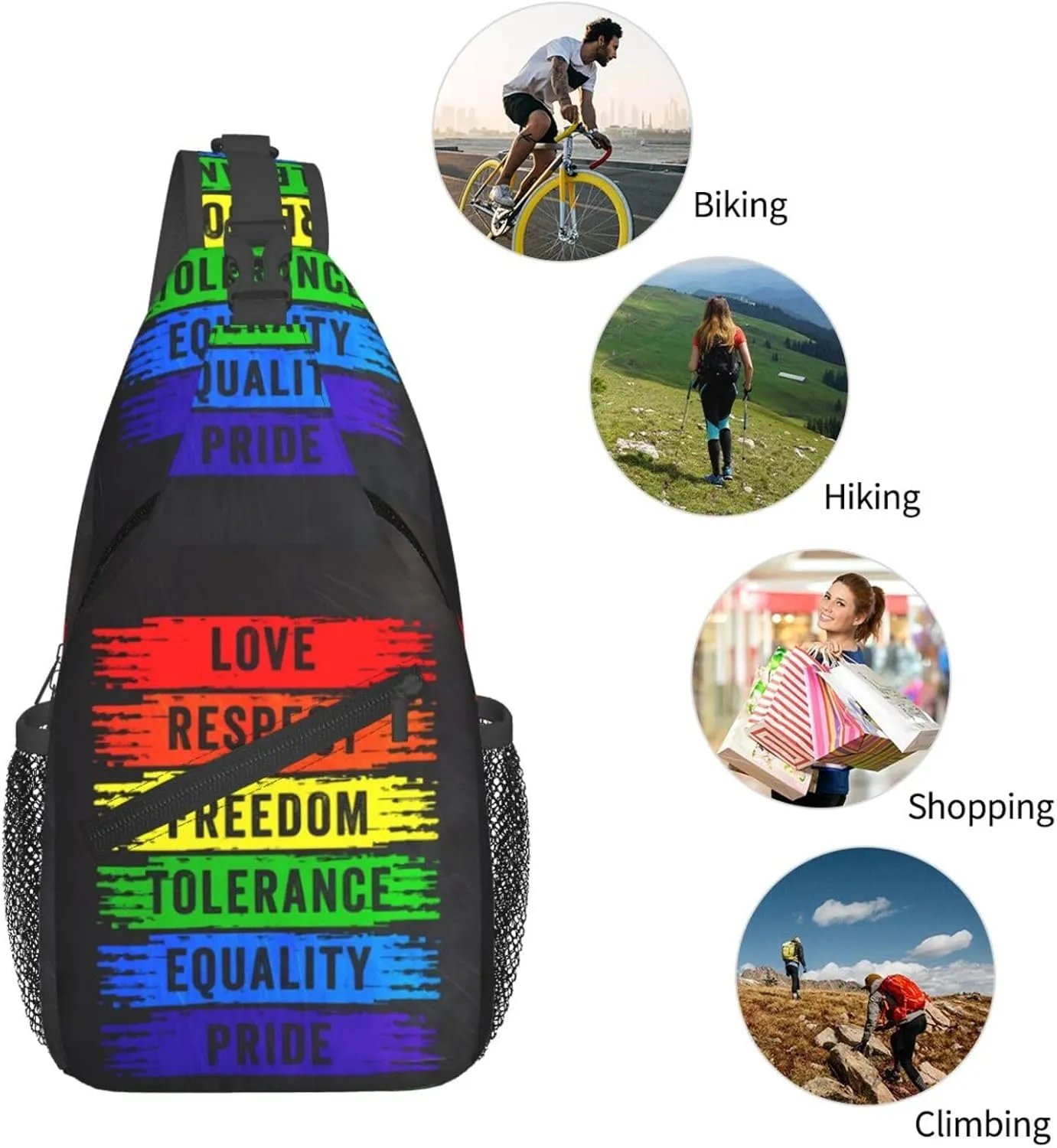 Lgbt Pride Rainbow Gay Love Respect Freedom Tolerance Equality Chest Sling Bag Crossbody Shoulder Backpack Bag Gym Cycling Daypack Travel Hiking Cross Bag
