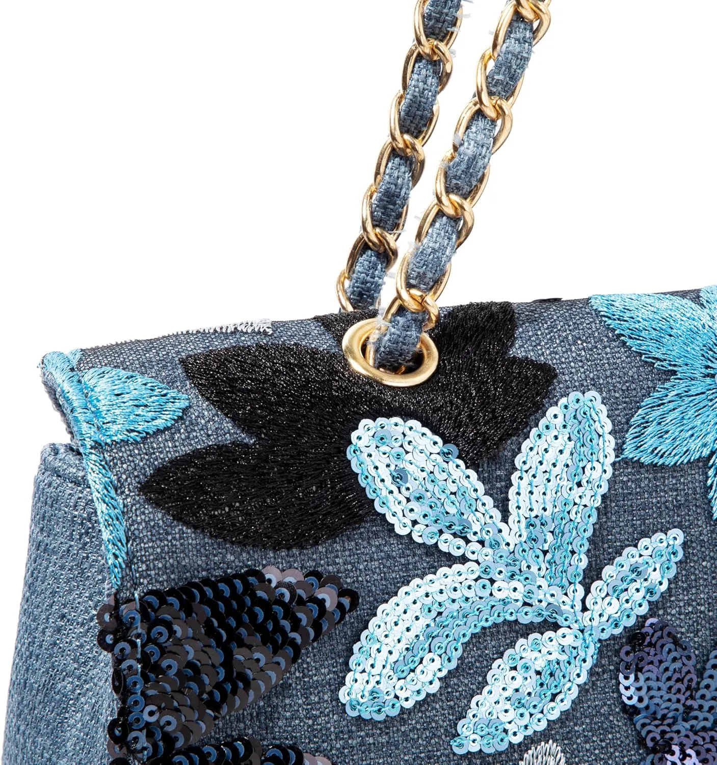Linen Sequin Embroidered Floral Shoulder Bag with Turn-Lock Flap for Wedding Party