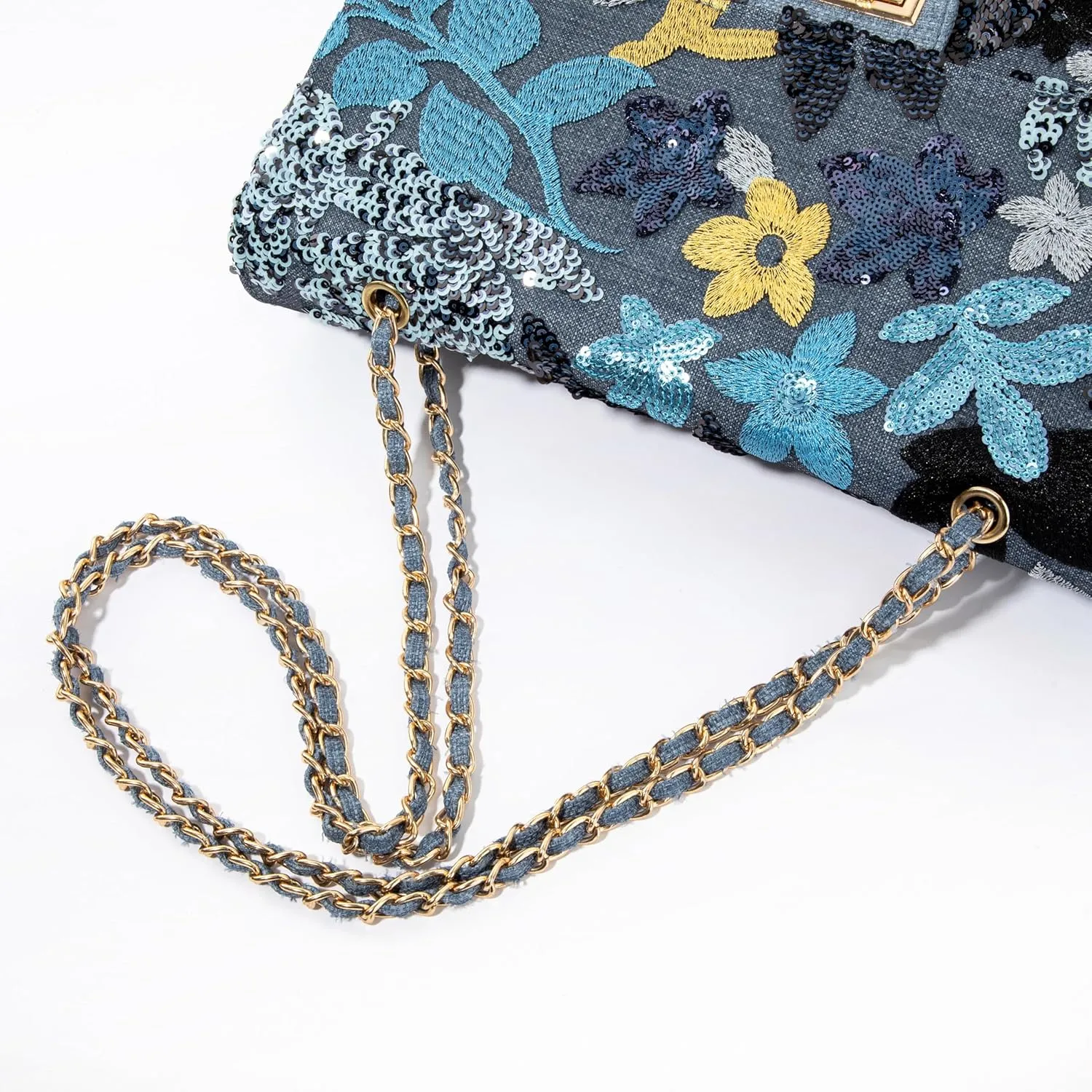 Linen Sequin Embroidered Floral Shoulder Bag with Turn-Lock Flap for Wedding Party
