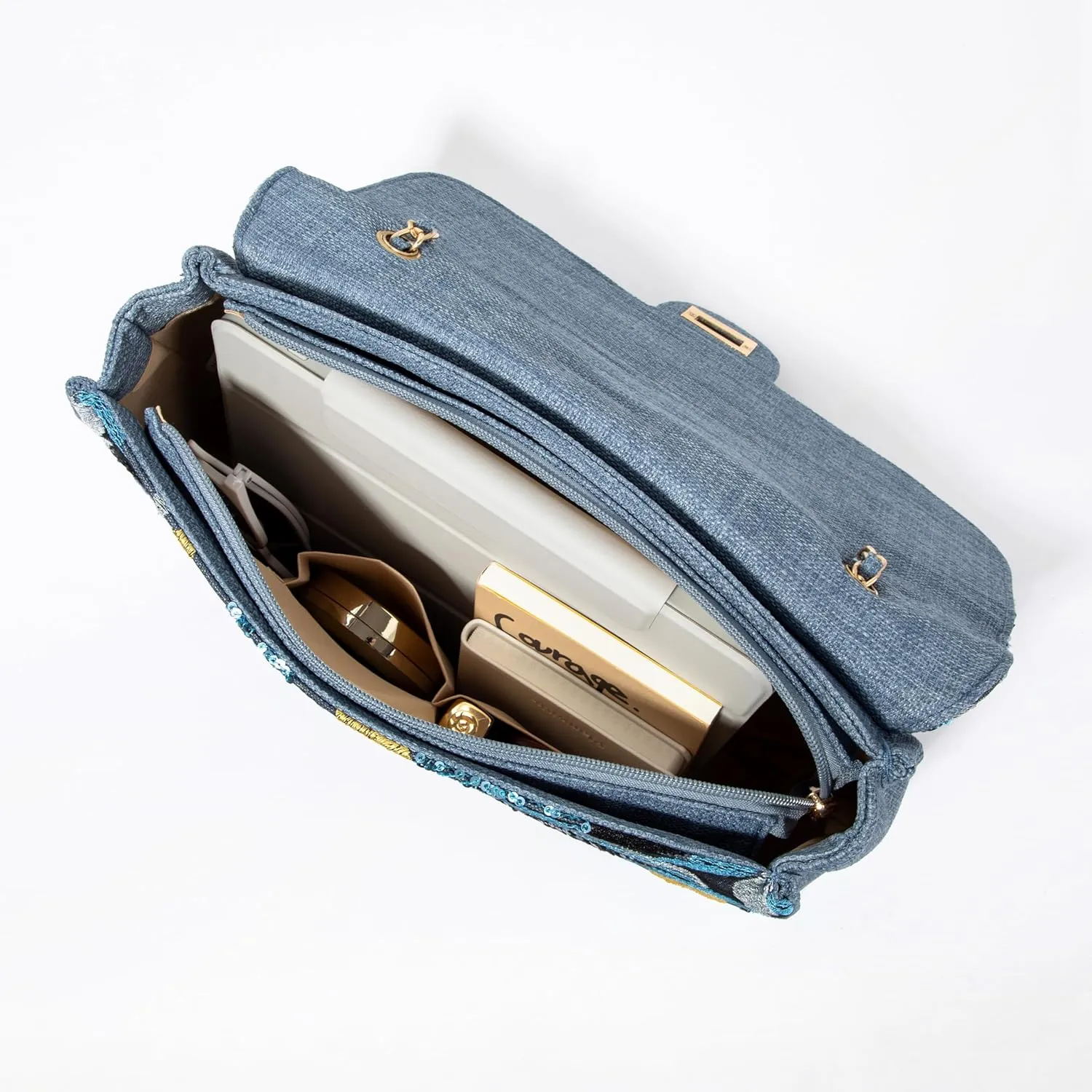 Linen Sequin Embroidered Floral Shoulder Bag with Turn-Lock Flap for Wedding Party