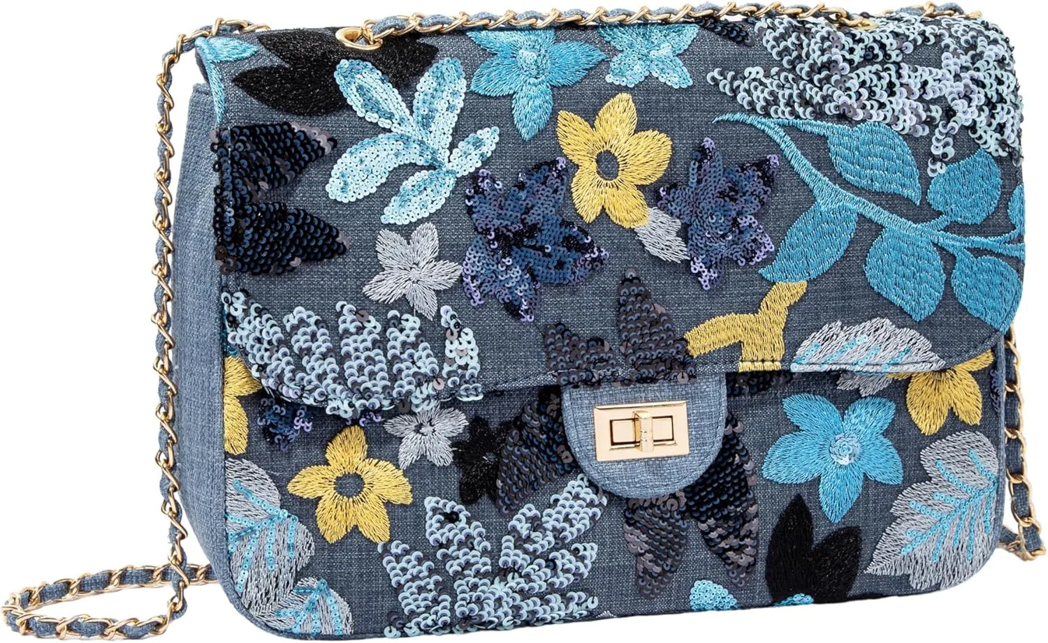 Linen Sequin Embroidered Floral Shoulder Bag with Turn-Lock Flap for Wedding Party