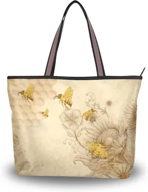 linqin Women's Shoulder Handbags Tote Purse with Zipper closure Retro Beige Honey Bees And Sunflowers
