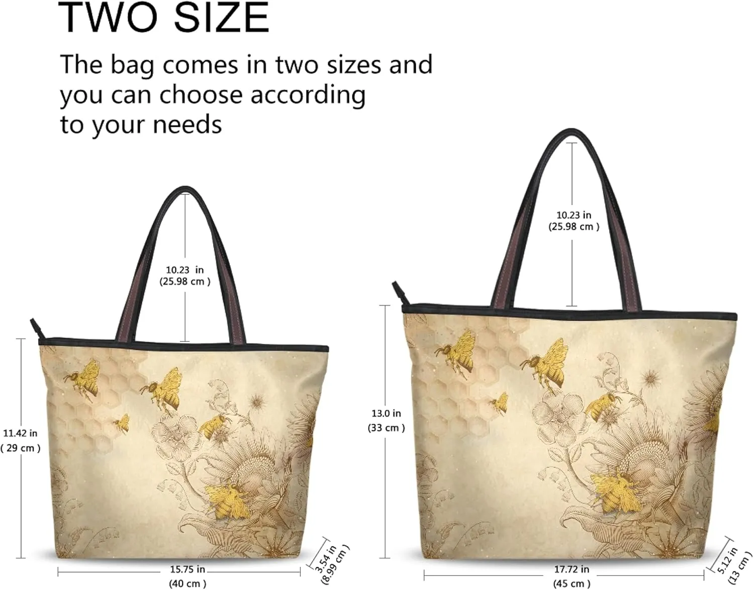linqin Women's Shoulder Handbags Tote Purse with Zipper closure Retro Beige Honey Bees And Sunflowers