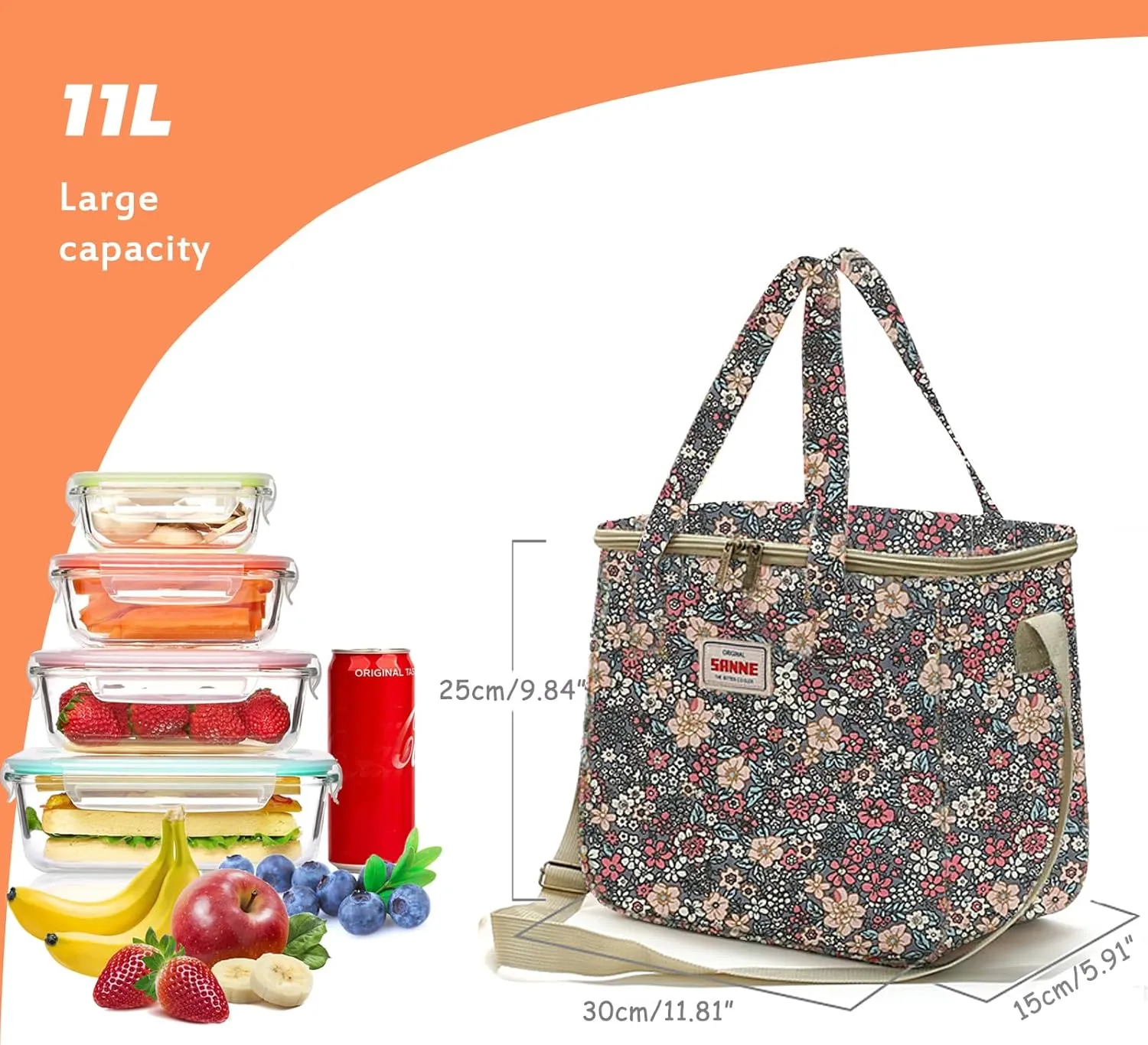 Lisianthus Floral Cute Lunch Bag for Women, Adult Reusable Lunch Box, Large Capacity Lunch Tote with Adjustable Shoulder Strap Floral-Grey