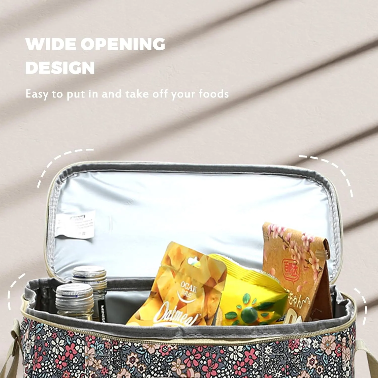 Lisianthus Floral Cute Lunch Bag for Women, Adult Reusable Lunch Box, Large Capacity Lunch Tote with Adjustable Shoulder Strap Floral-Grey