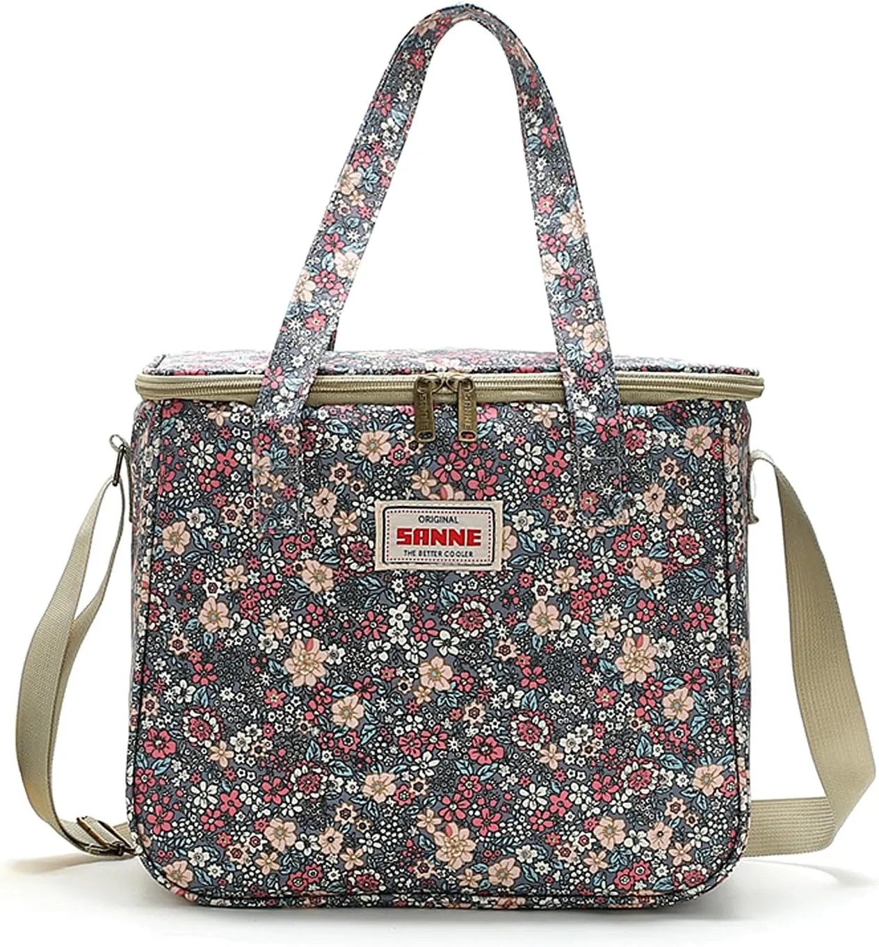 Lisianthus Floral Cute Lunch Bag for Women, Adult Reusable Lunch Box, Large Capacity Lunch Tote with Adjustable Shoulder Strap Floral-Grey