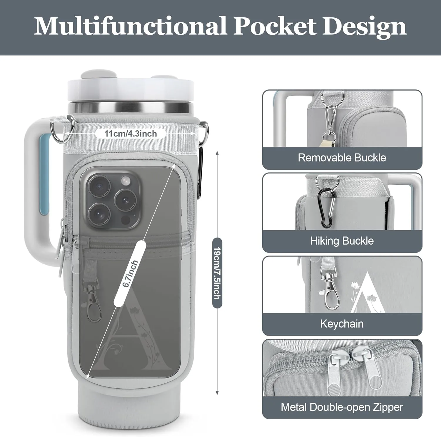 LOKASS for Stanley Cup Accessories 40 oz Water Bottle Carrier Bag with Phone Pocket for Stanley Tumbler Holder with Strap, Personalized Gifts with Floral Initial A-Z for Women/Girls/Stanley Cup Fans