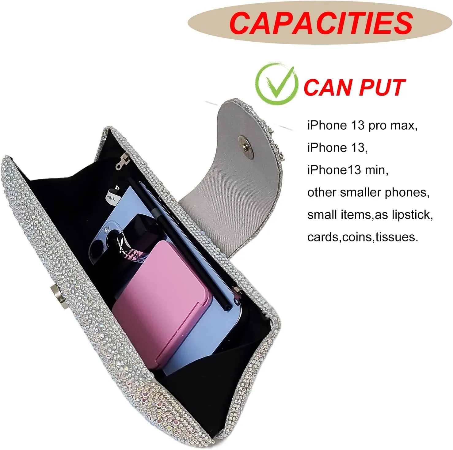 Long Rhinestone Box Evening Bag Women Formal Gathering Party Floral Handbag Clutch Purse Prom Bag