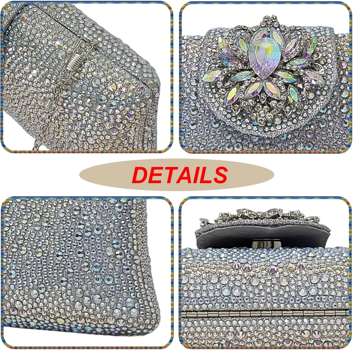 Long Rhinestone Box Evening Bag Women Formal Gathering Party Floral Handbag Clutch Purse Prom Bag