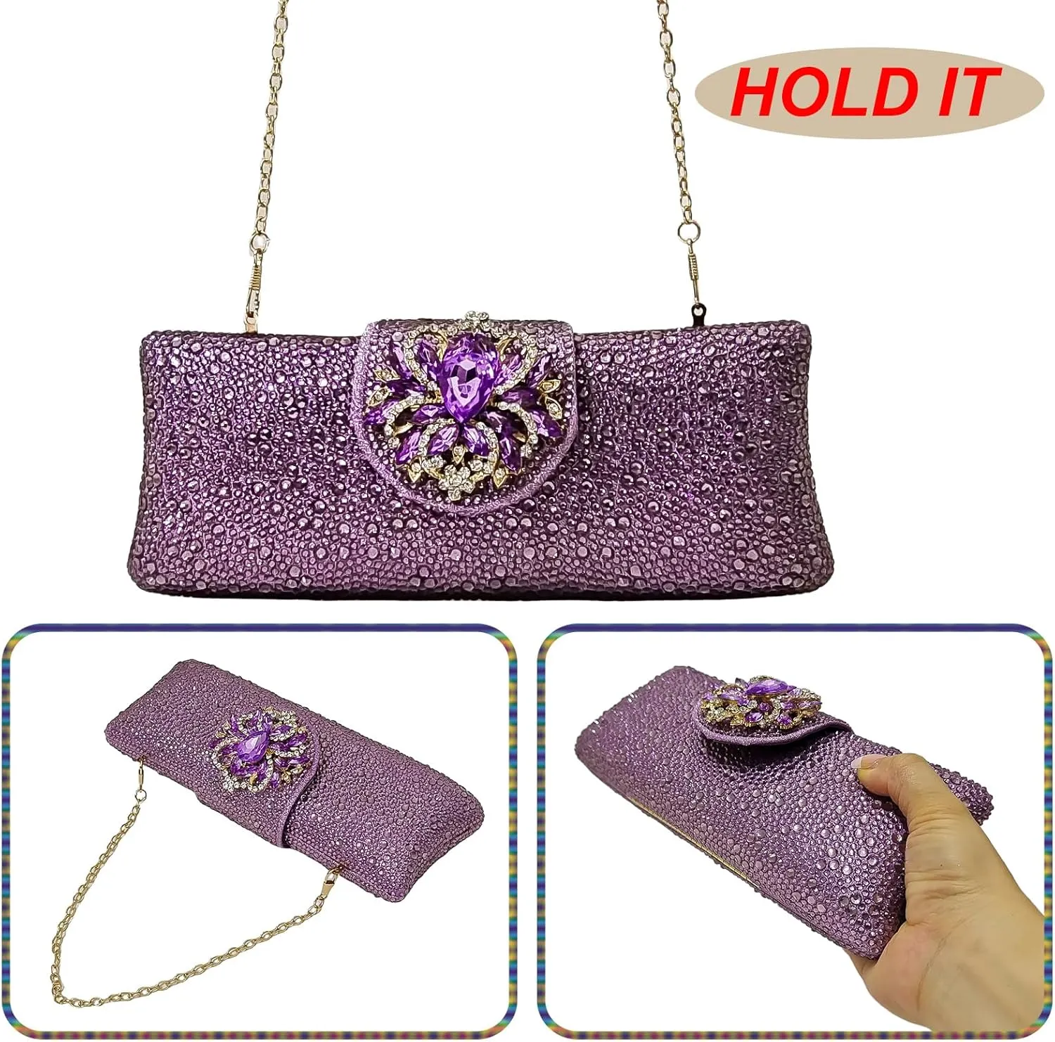 Long Rhinestone Box Evening Bag Women Formal Gathering Party Floral Handbag Clutch Purse Prom Bag