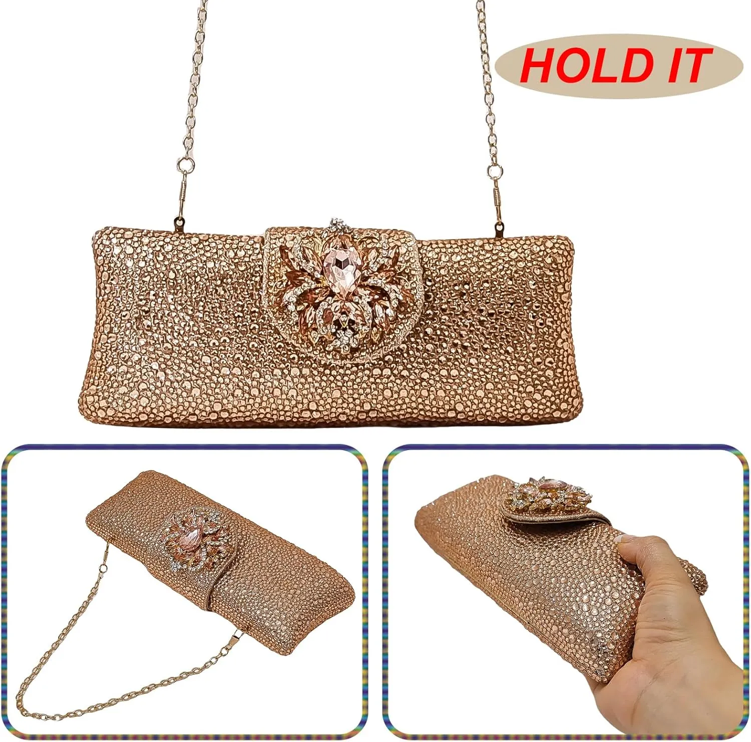 Long Rhinestone Box Evening Bag Women Formal Gathering Party Floral Handbag Clutch Purse Prom Bag