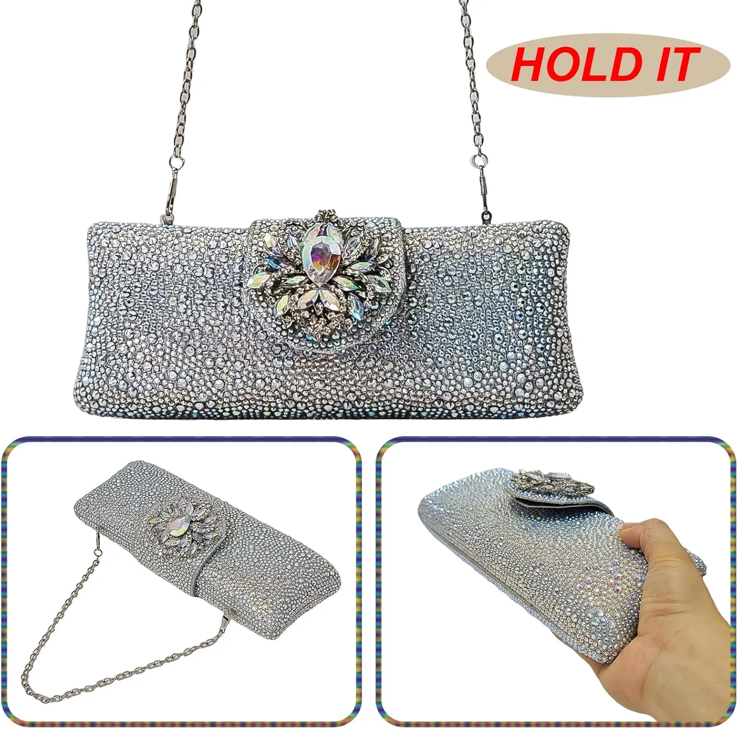 Long Rhinestone Box Evening Bag Women Formal Gathering Party Floral Handbag Clutch Purse Prom Bag