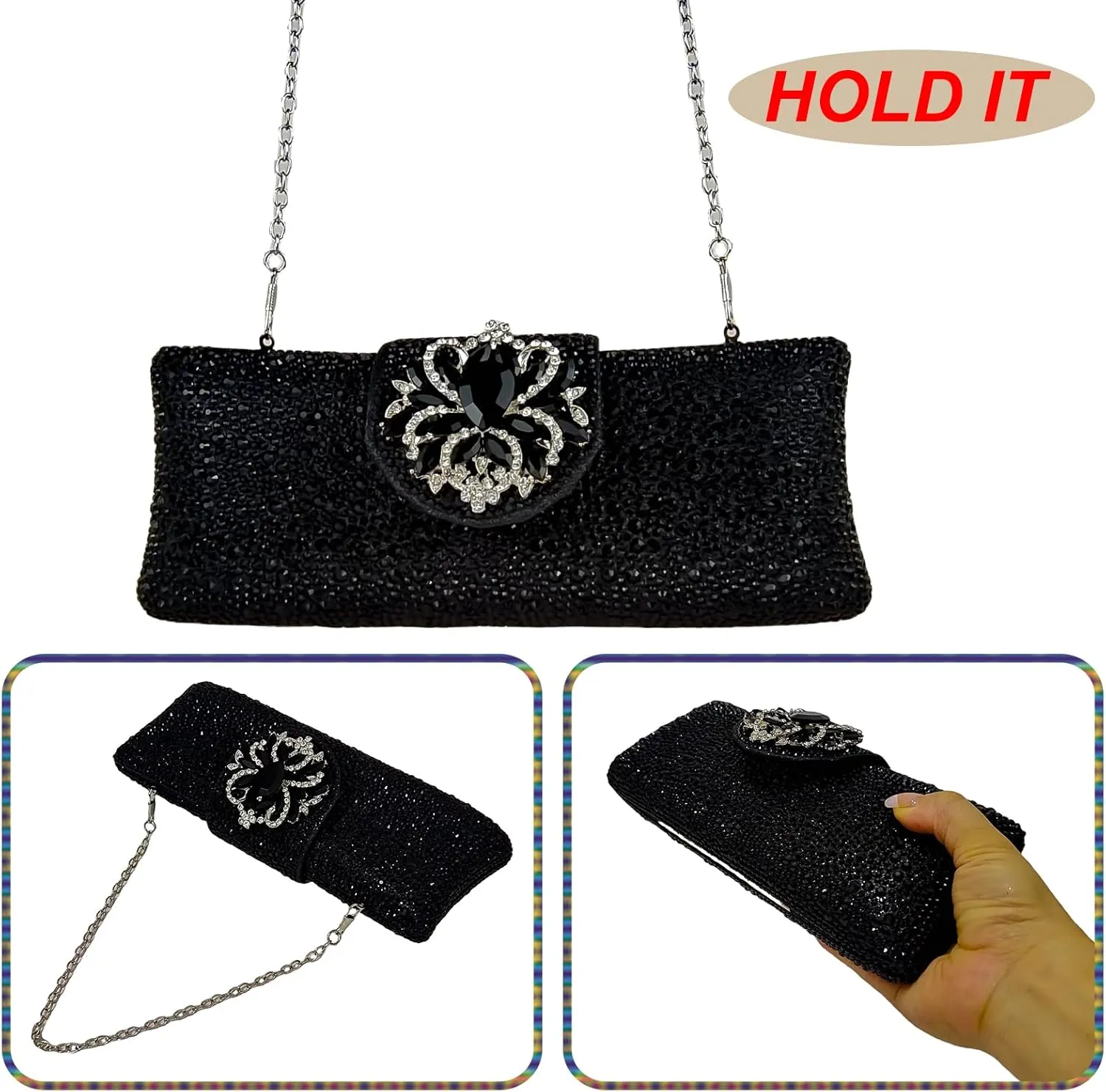 Long Rhinestone Box Evening Bag Women Formal Gathering Party Floral Handbag Clutch Purse Prom Bag