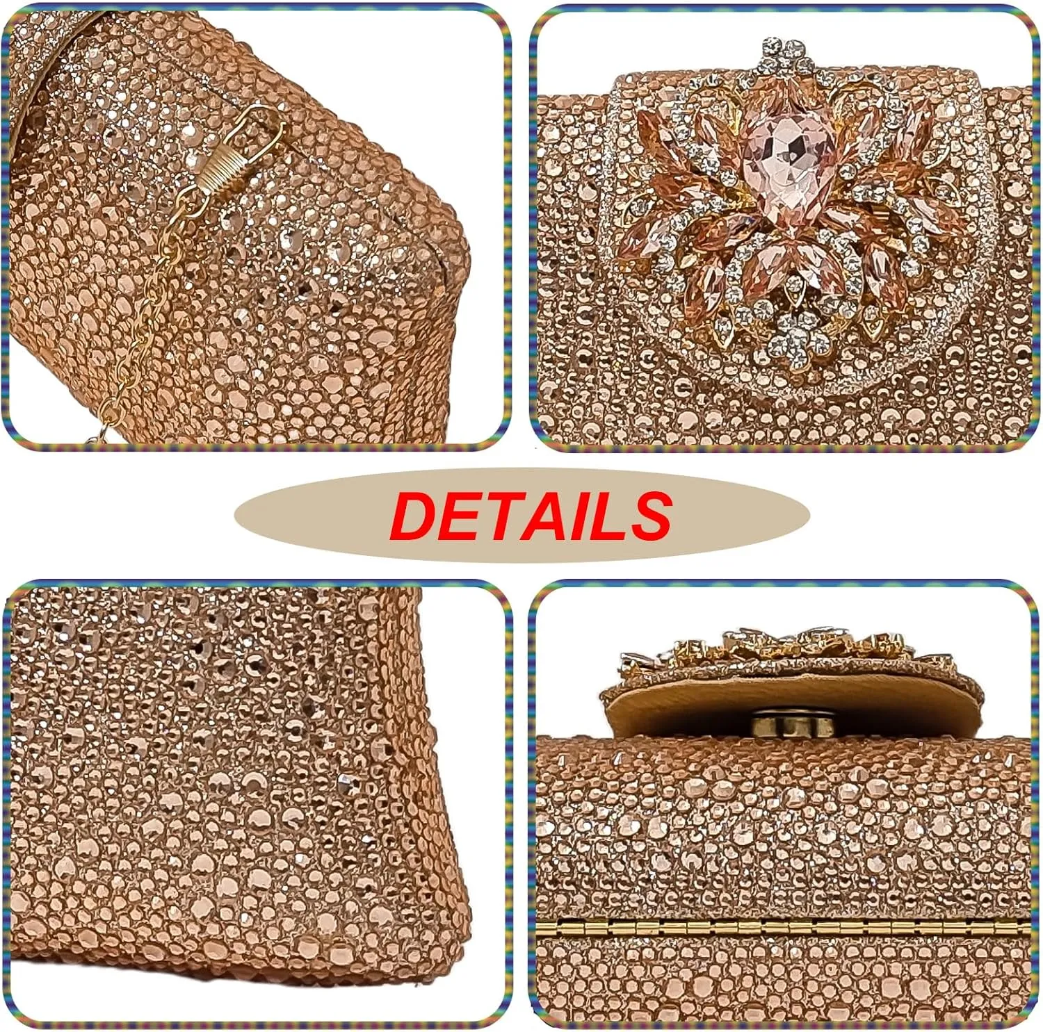 Long Rhinestone Box Evening Bag Women Formal Gathering Party Floral Handbag Clutch Purse Prom Bag