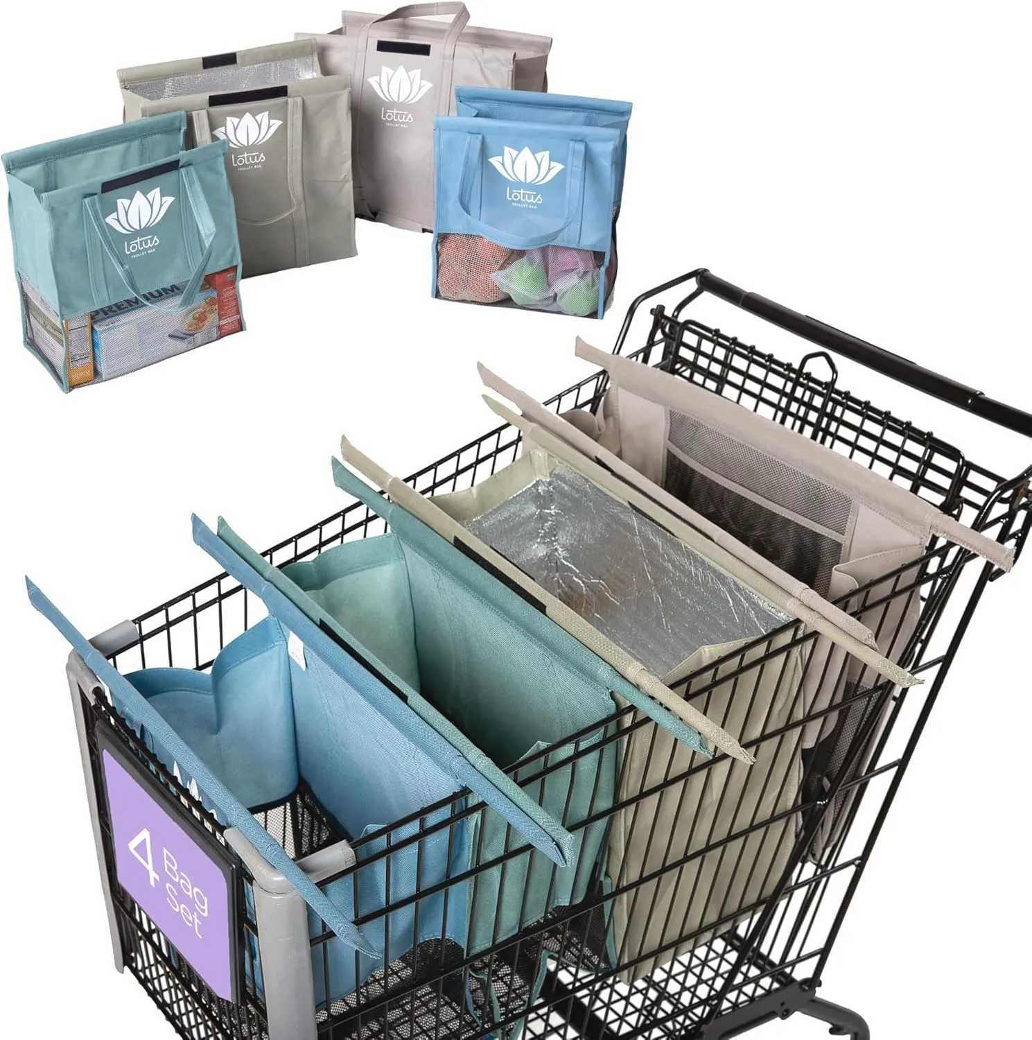 Lotus Trolley Bags for Shopping Carts - Reusable Shopping Bags, Grocery Bags with Insulated Cooler & Egg/Wine Holder, Foldable, Washable Grocery Cart Bags, Multi-Use Tote Bags (Set of 4 - Earth Tones)
