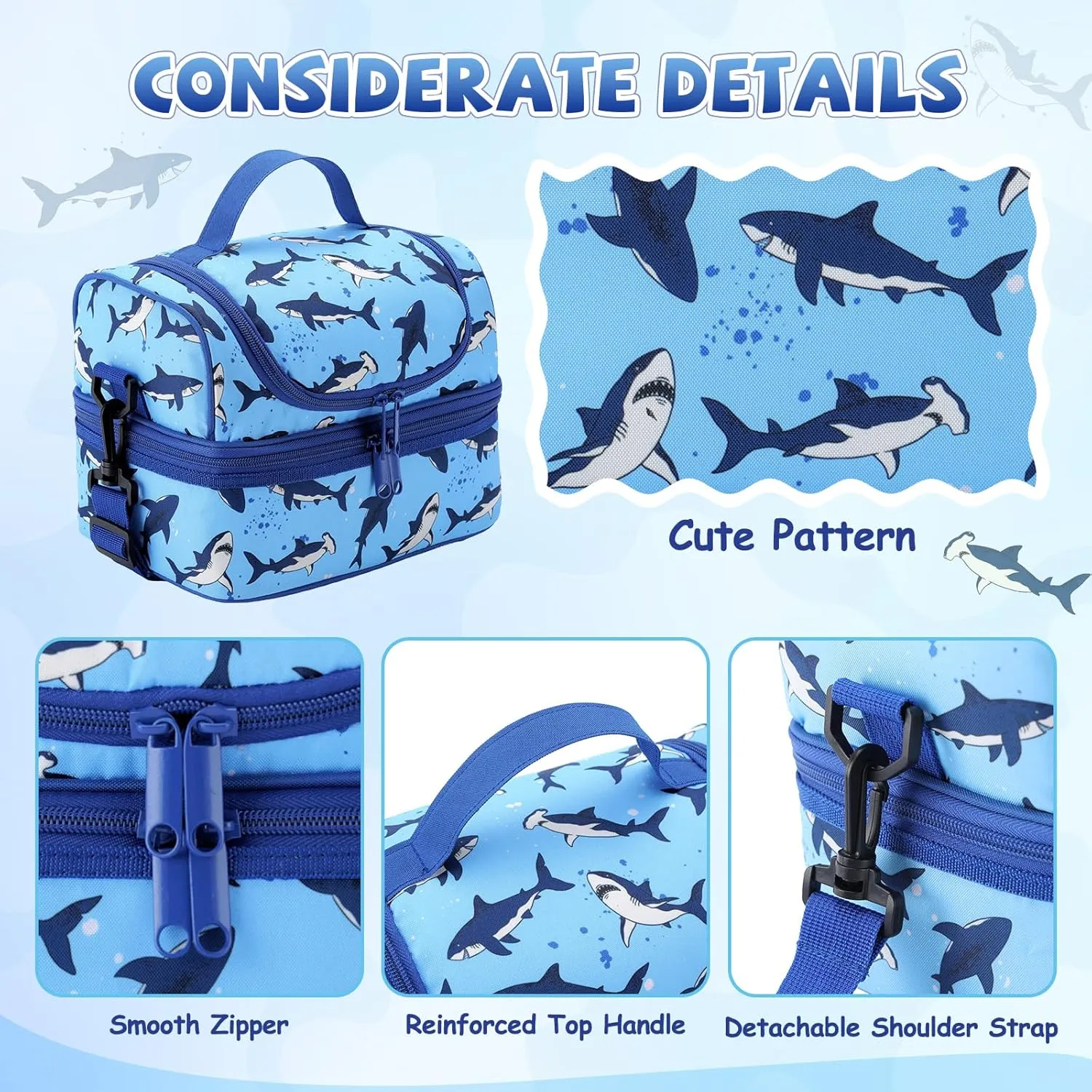 Lunch Bag for Boys,ChaseChic Insulated Lightweight Lunch Boxes for Kids Girls Dual Compartment Lunch Organizer Leak-Proof Cooler Bag with Detachable Adjustable Shoulder Strap,Blue Shark