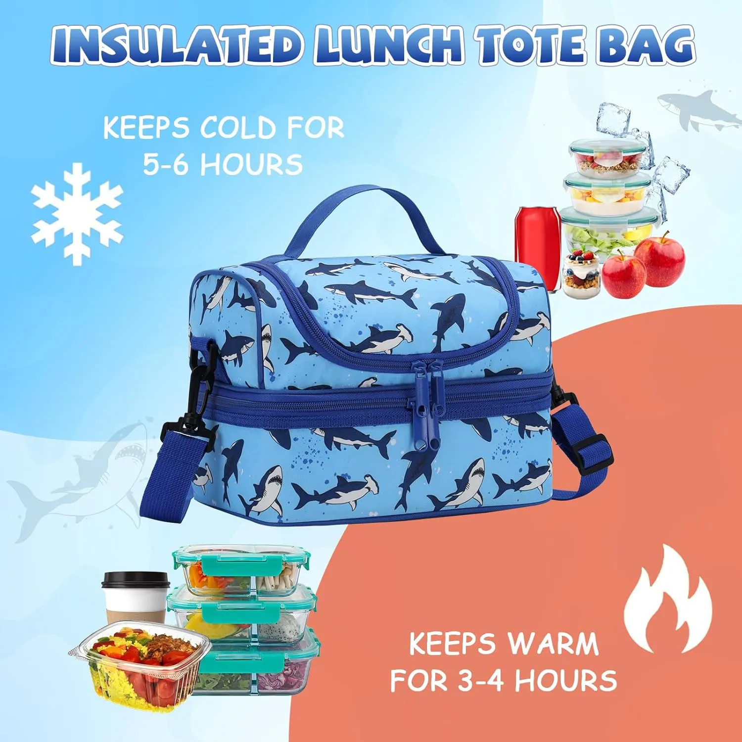 Lunch Bag for Boys,ChaseChic Insulated Lightweight Lunch Boxes for Kids Girls Dual Compartment Lunch Organizer Leak-Proof Cooler Bag with Detachable Adjustable Shoulder Strap,Blue Shark